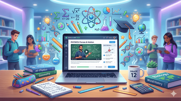 Colorful illustration representing e-learning for Grades 9 to 12